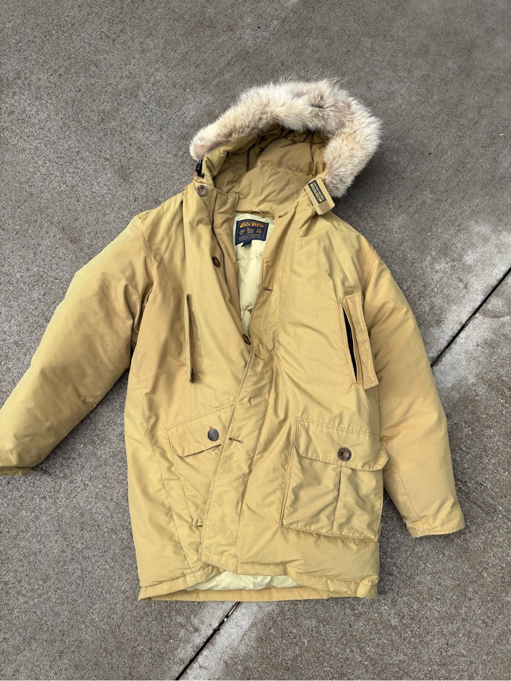 Woolrich Men’s Tan Hooded Puffer Parka with Fur-Trim Hood